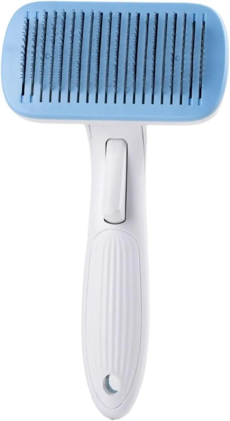 Automatic pet hair removal comb for dogs and cats with needle comb system in blue colour
