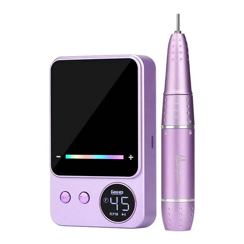 Rechargeable electric nail polishing machine in purple with USB charging cord
