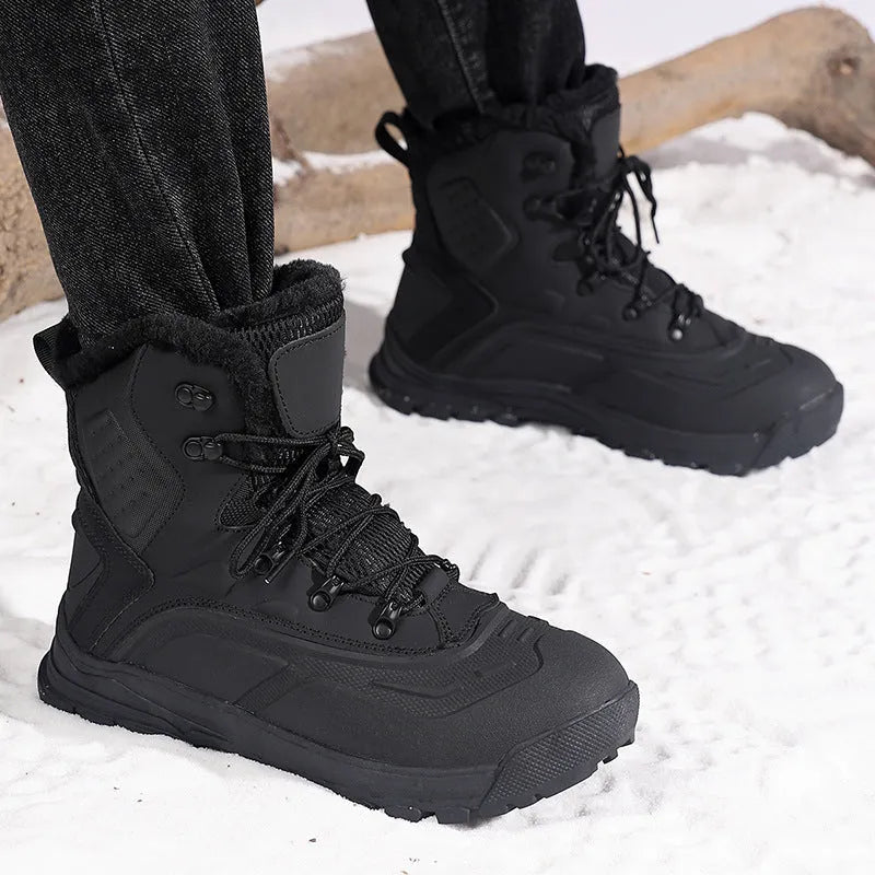 Men's black high-top lace-up boots with fleece lining, shown on a size chart