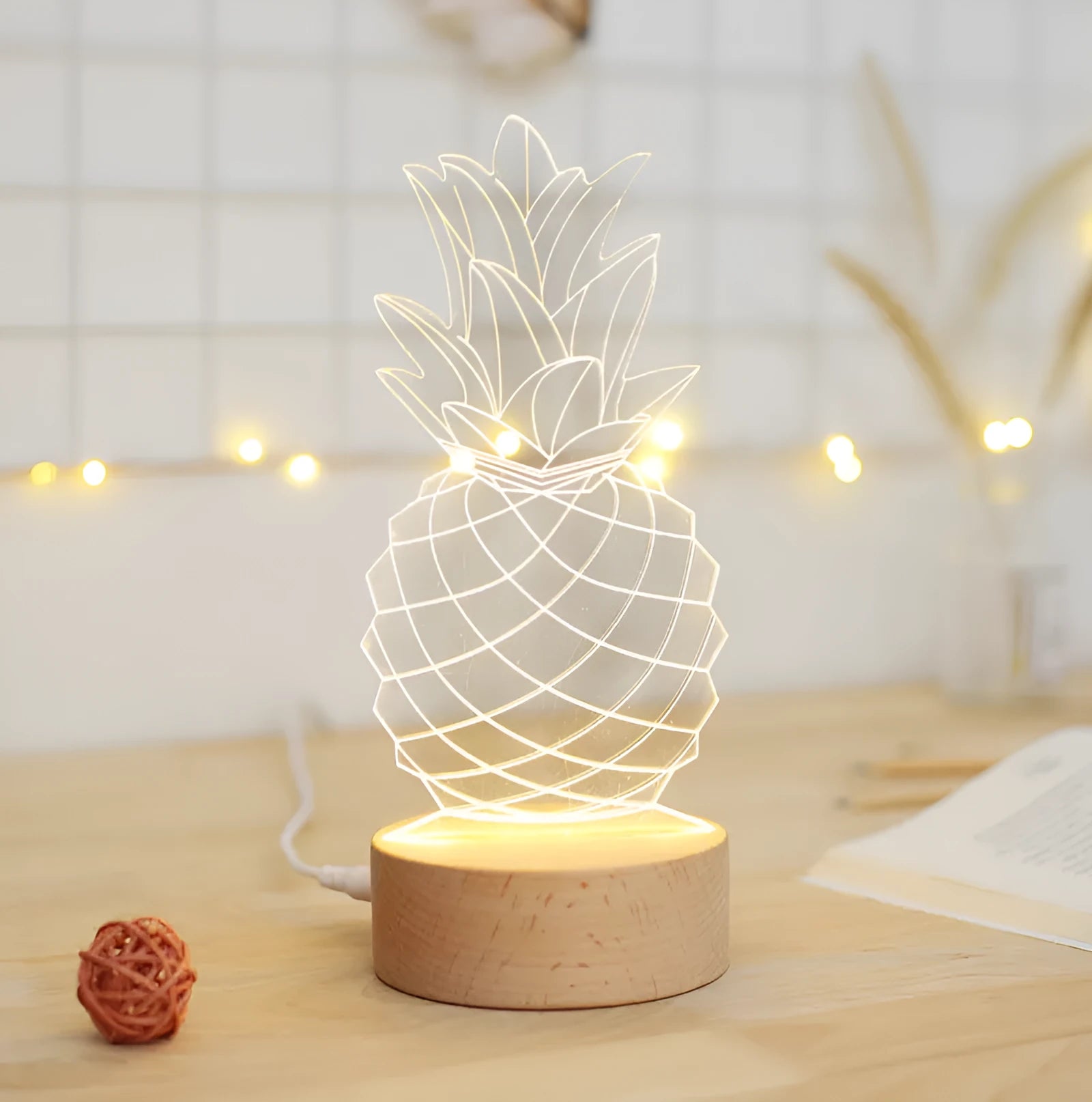 Pineapple-shaped wooden and acrylic cartoon night light with USB cable and dimmable controls.