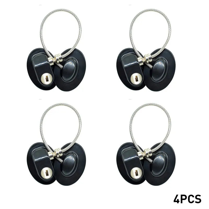 White window security chain lock with steel cable and adhesive base on a window frame
