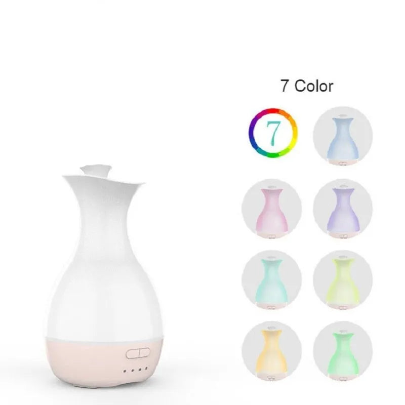 White ultrasonic aromatherapy vase diffuser with colourful LED night light and 200ml water capacity