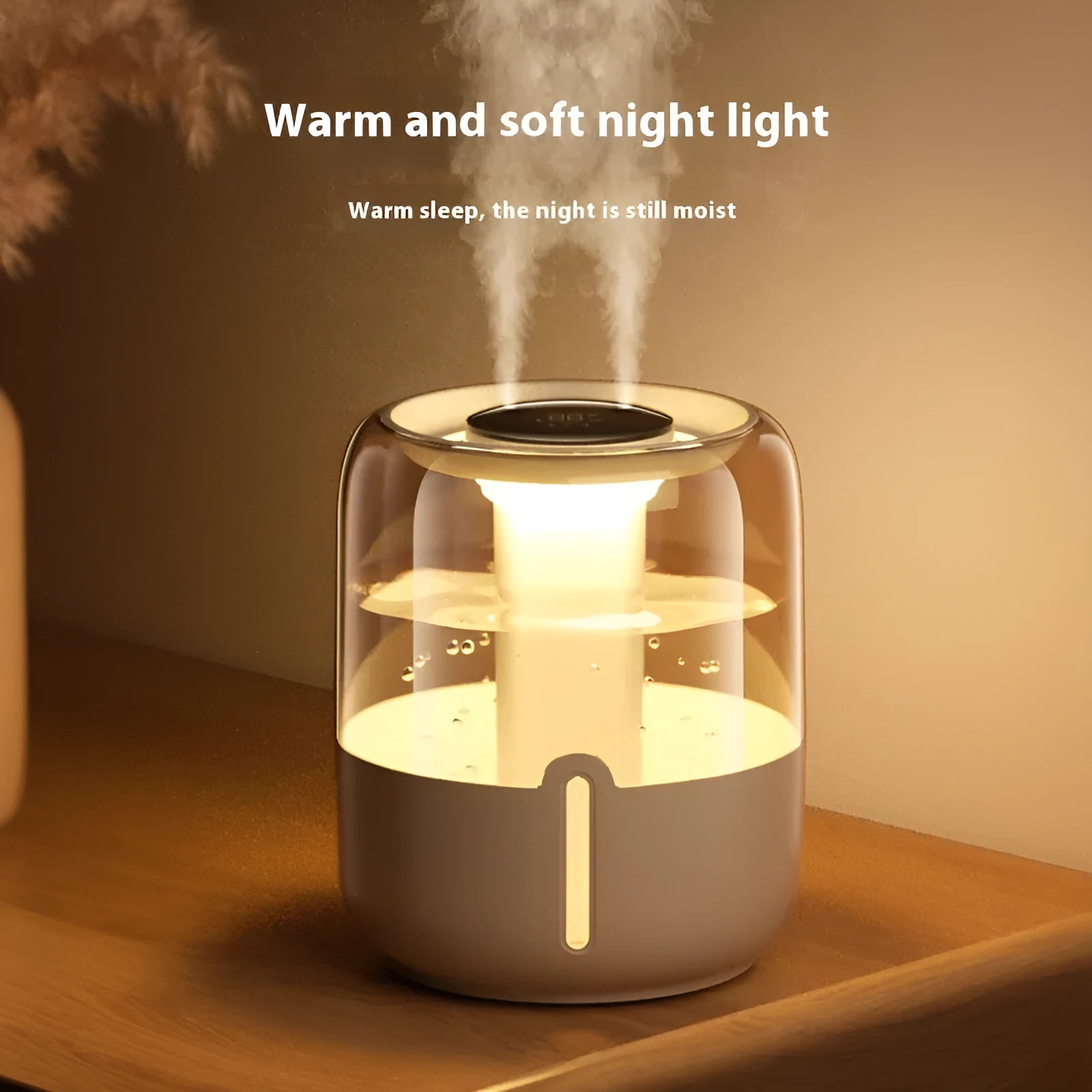 Beige round large capacity USB humidifier with display and dual spray nozzles