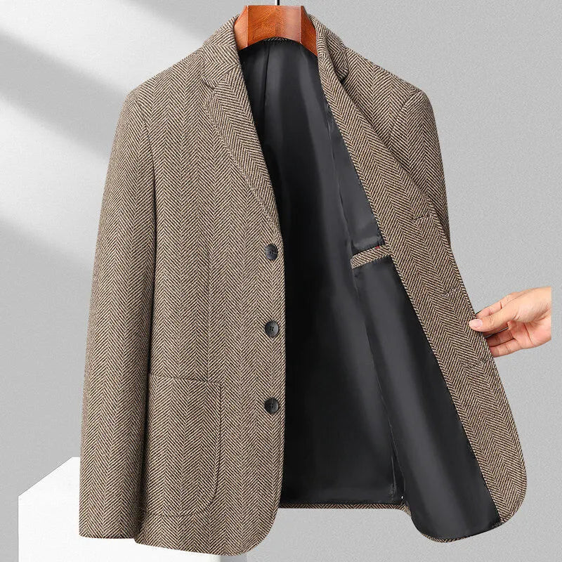 Men's solid colour loose-fit wool coat shown in black, suitable for spring and autumn casual wear