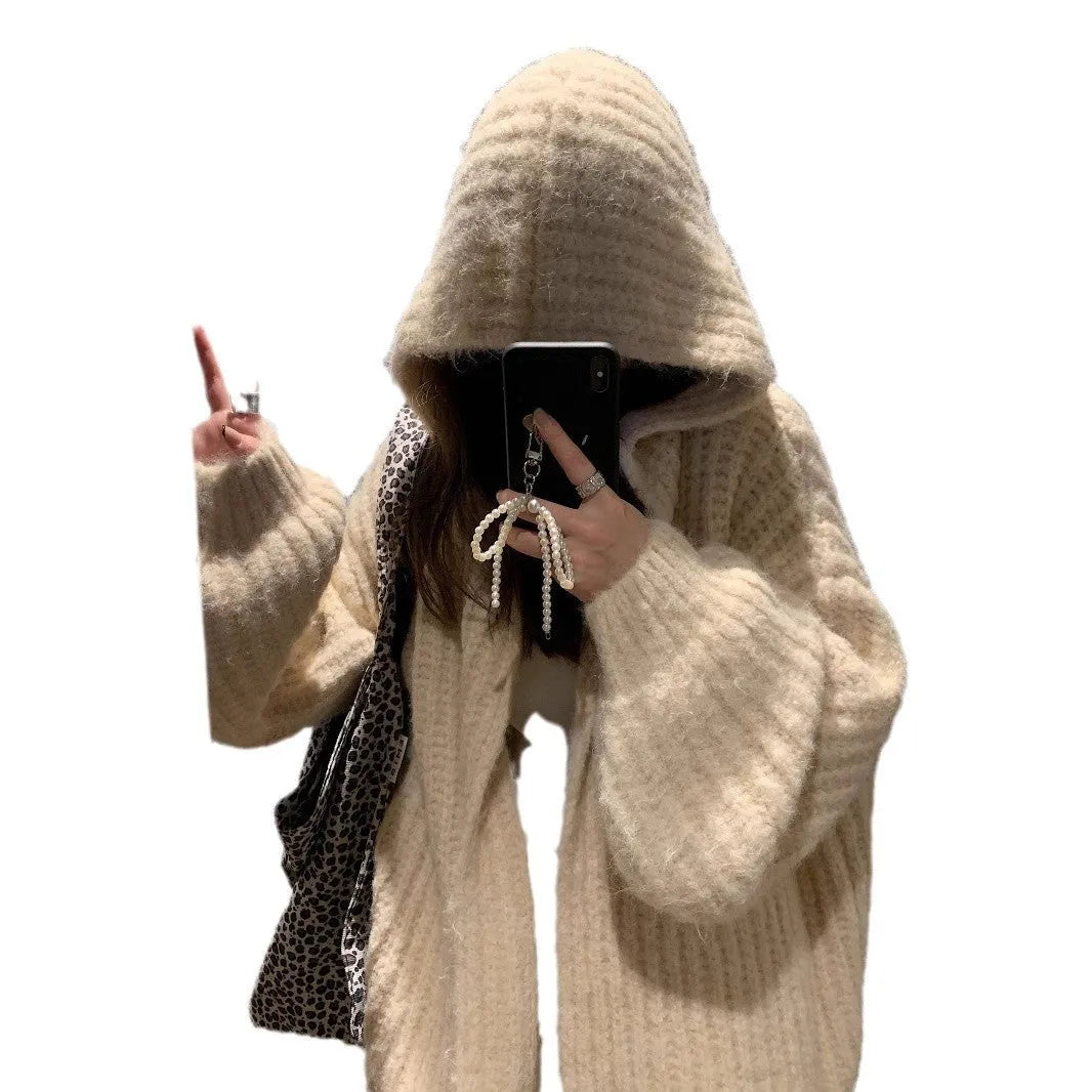 Women's loose-fit hooded cardigan in thick fabric, shown in dark grey, brown, and milky white colours.