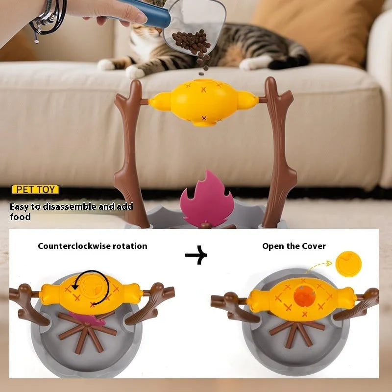 Barbecue-themed tumbling cat food feeder toy measuring 30cm with food dispensing function
