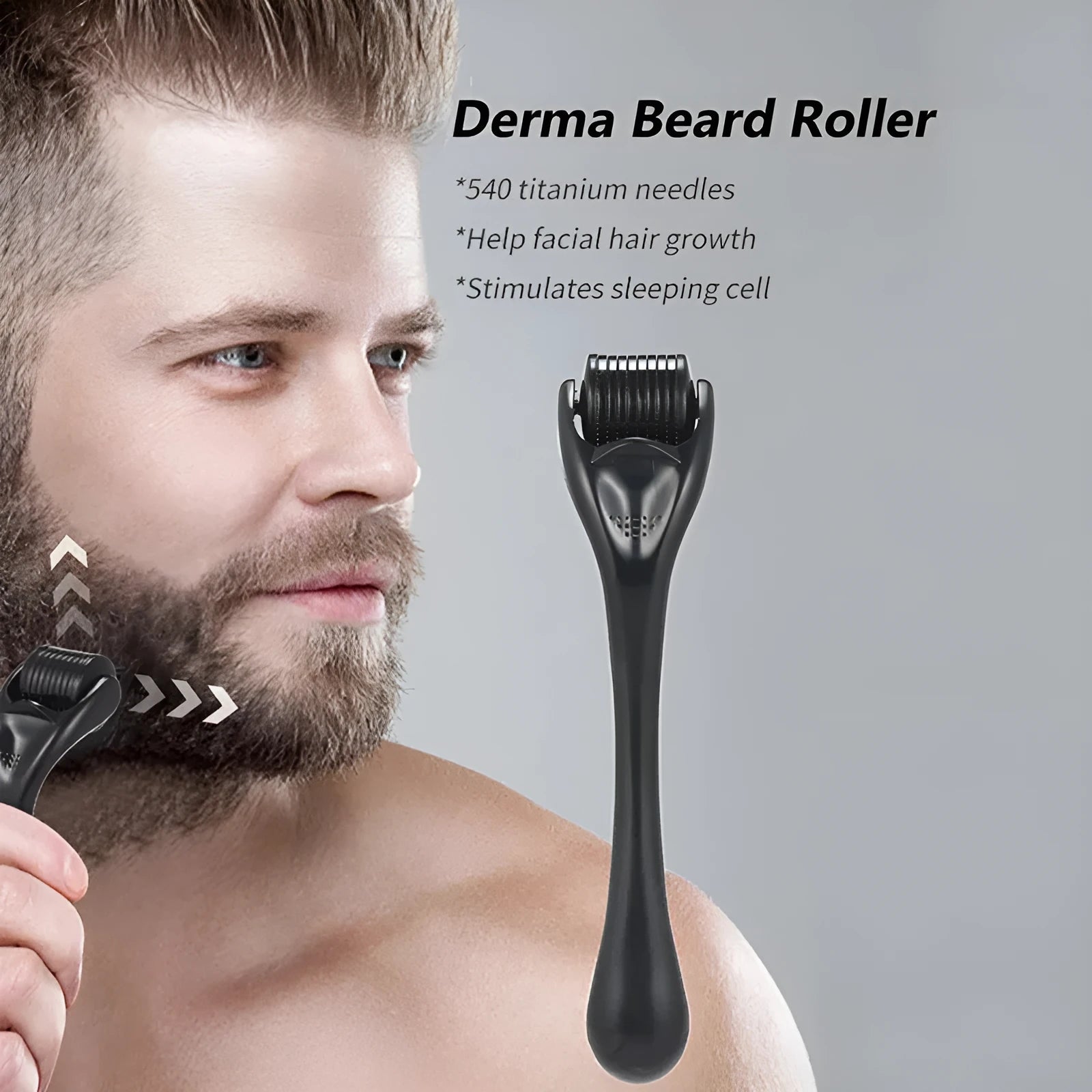 Close-up of a titanium derma roller with microneedles, shown with black and purple handle options.