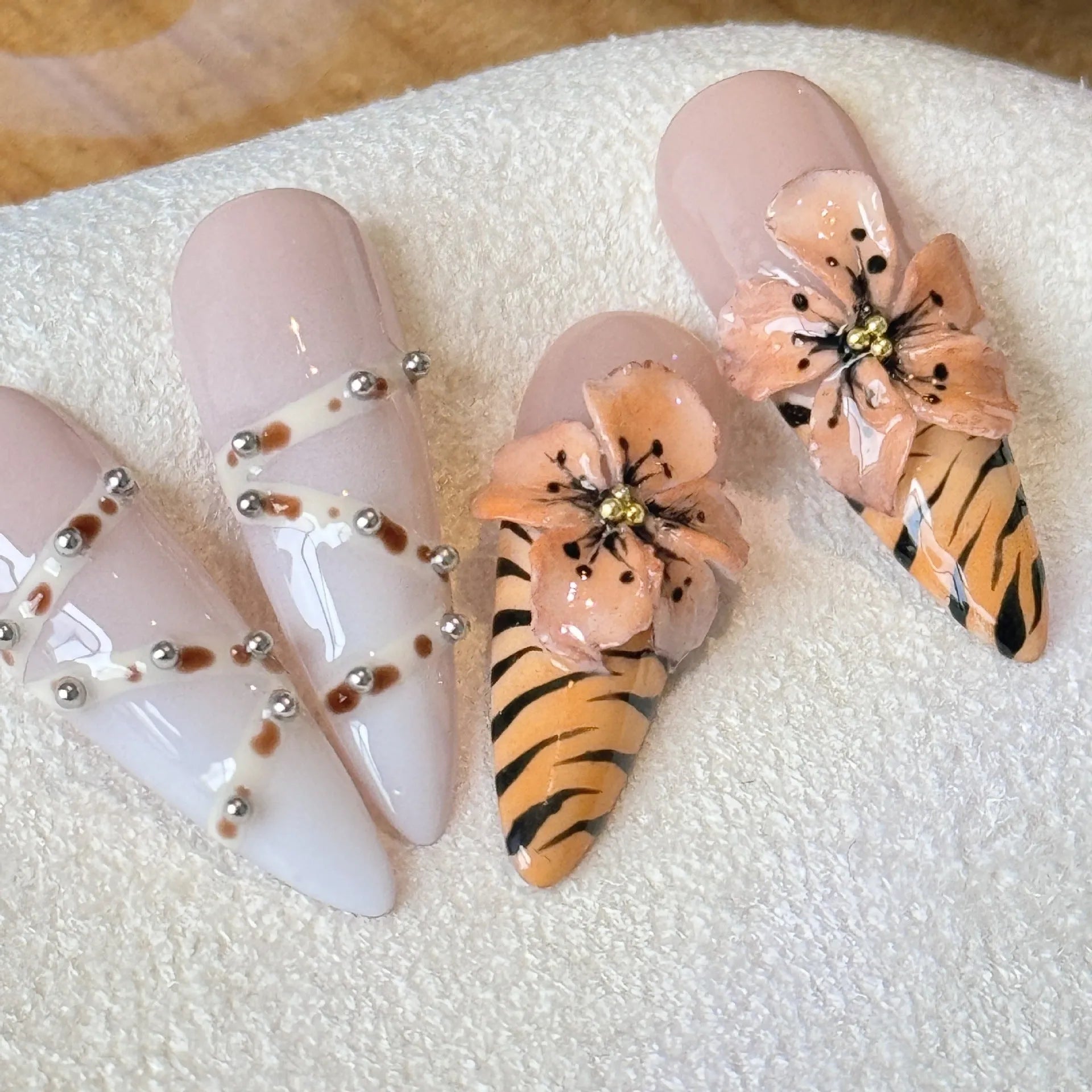 Handmade French style leopard print artificial nail sticker set with cross and flower designs