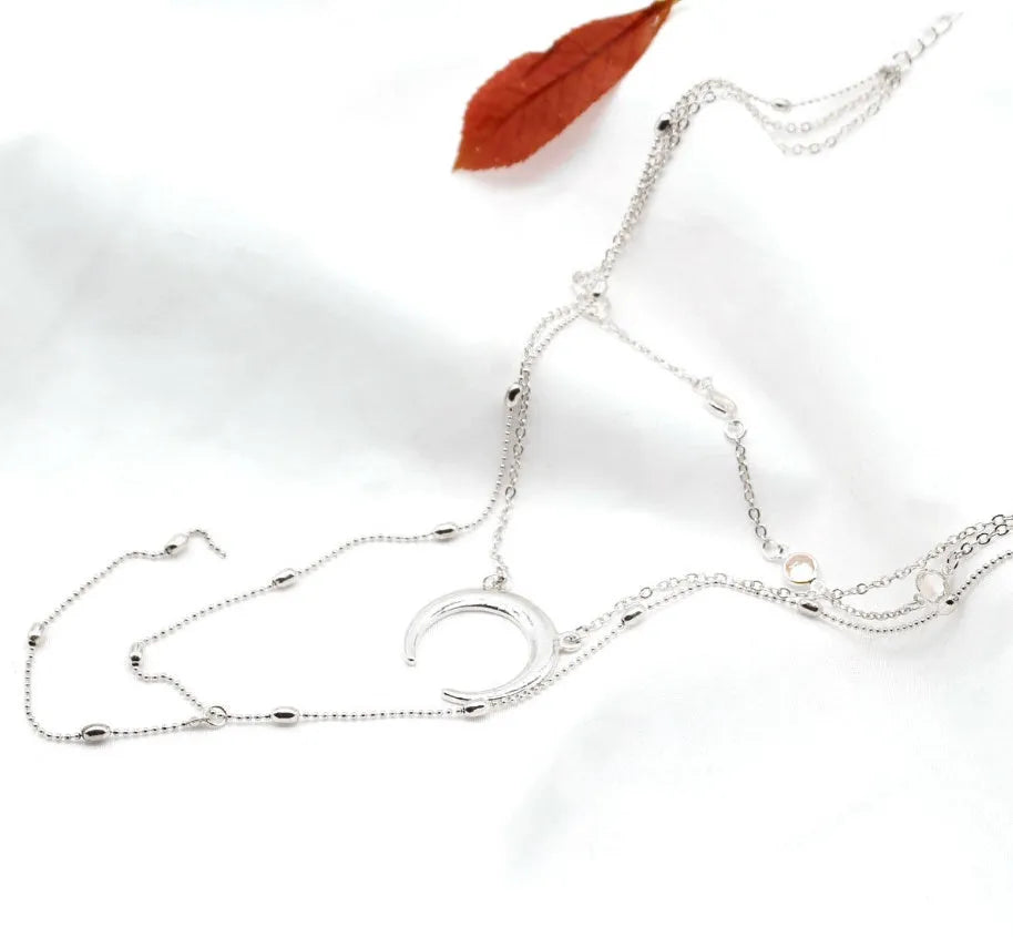 Fashion multilayer crescent moon choker necklace with bead chain and initial pendant in gold colour