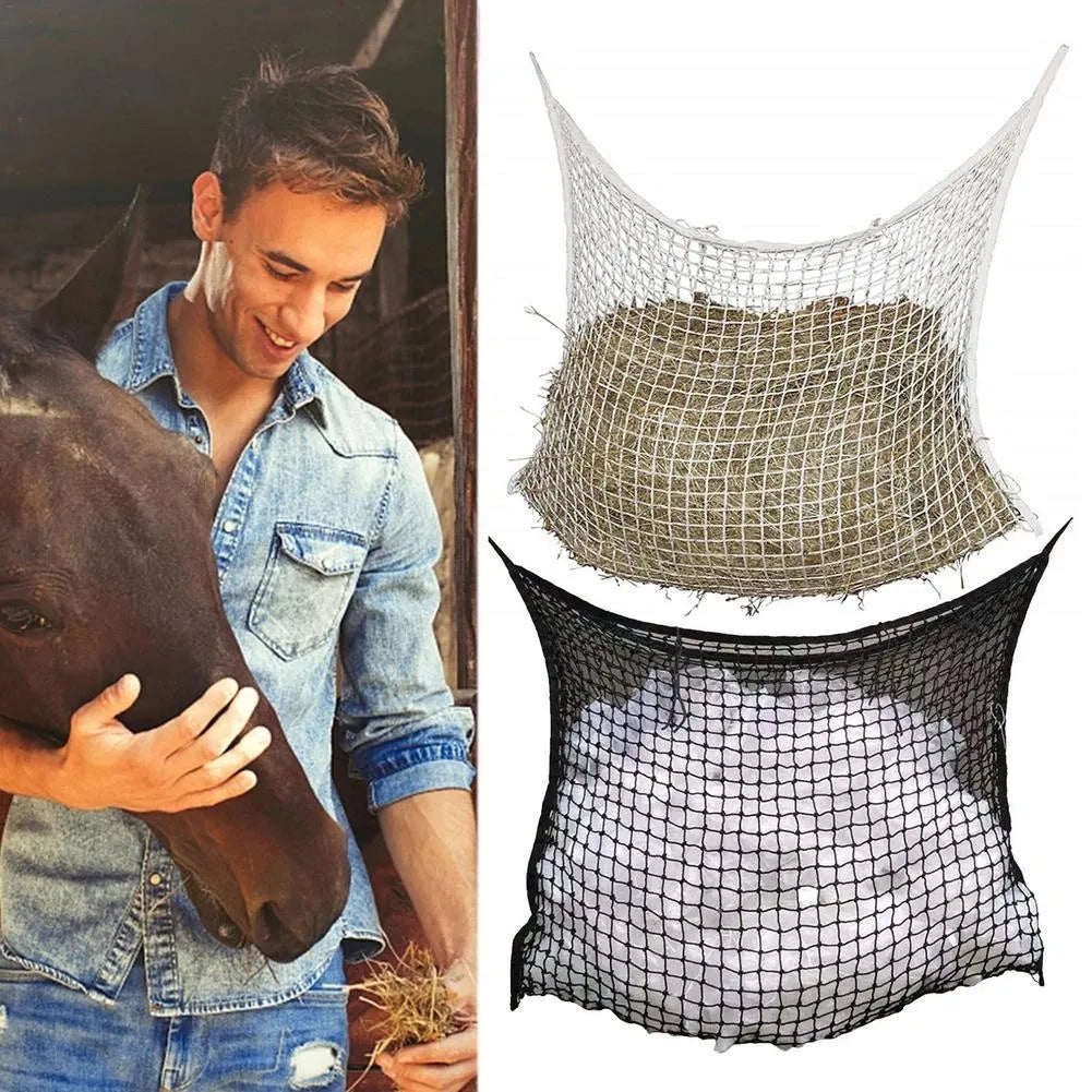 Woven PE rope horse feeding bag hanging with black or white colour options