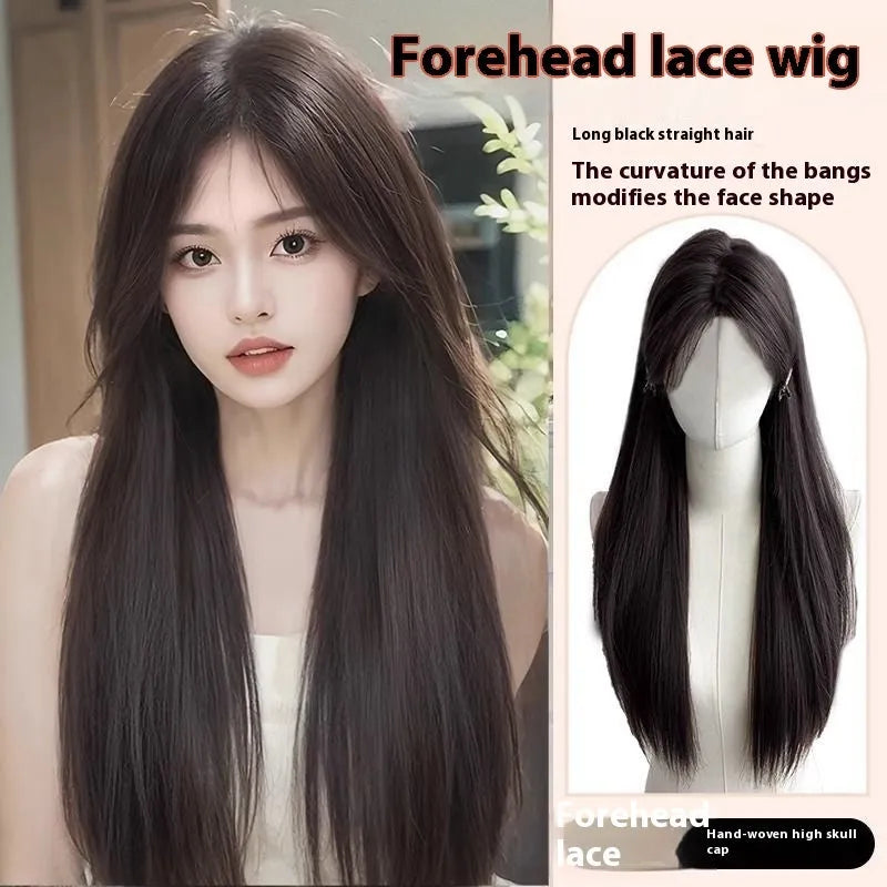 Long straight black synthetic wig with side bangs and forehead lace on a wig stand.