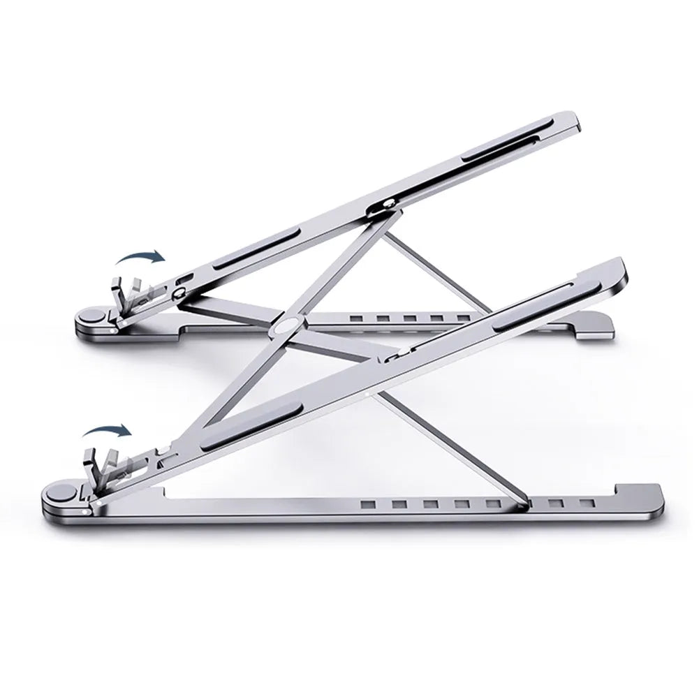 Foldable aluminium laptop stand in silver colour, shown in open and closed positions next to a laptop.