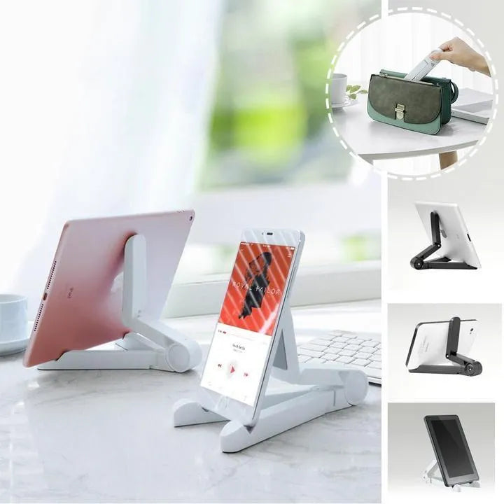 Foldable tablet holder in black showing adjustable angle stand for phone or tablet