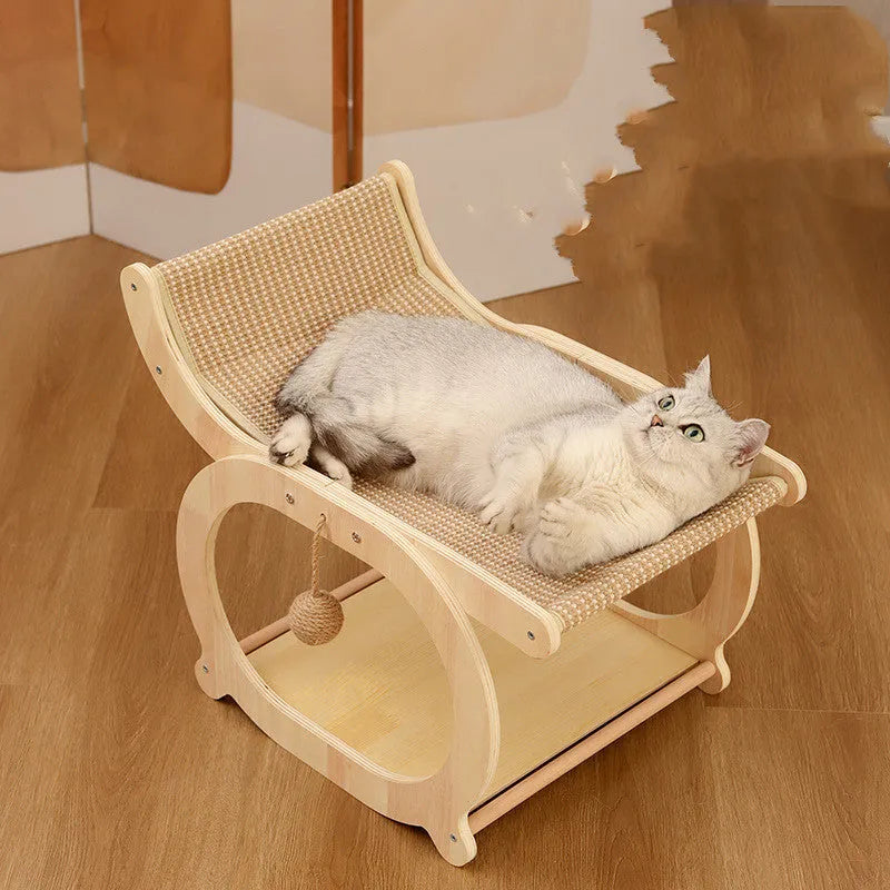 Solid wood sisal scratching mat with integrated recliner cat bed in walnut colour
