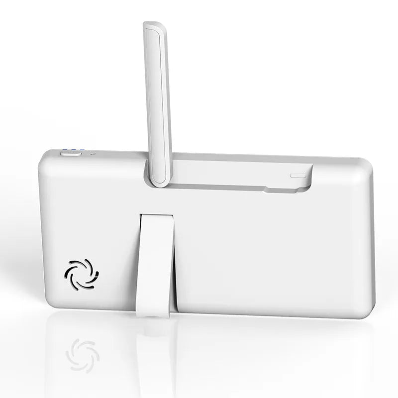 White wireless baby monitor with 5-inch screen showing baby room video