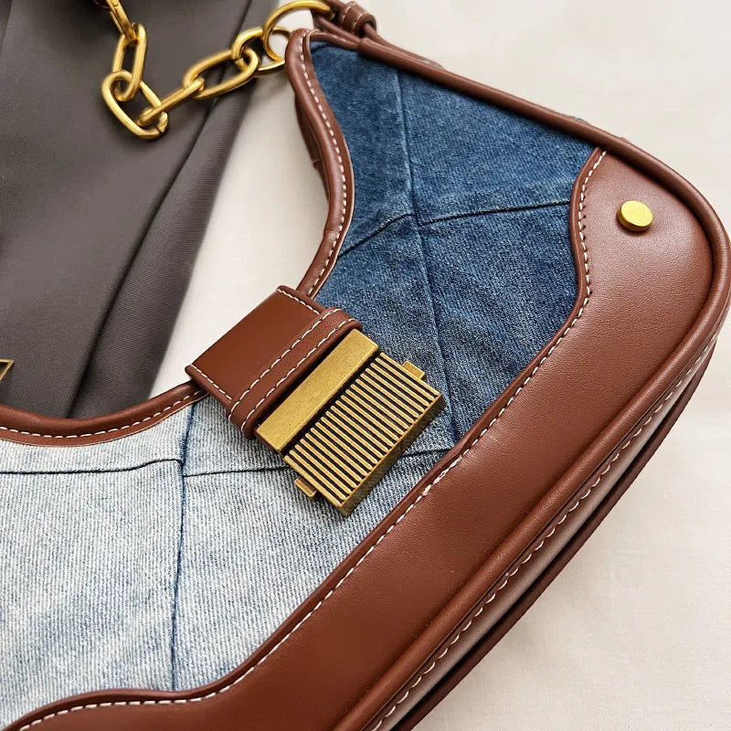 Brown denim women's shoulder bag with diamond chain design and bucket shape