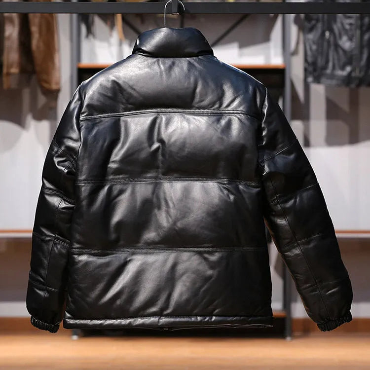 Men's black stand collar sheepskin down leather jacket with white duck down filling, pocket decoration, and cashmere fabric