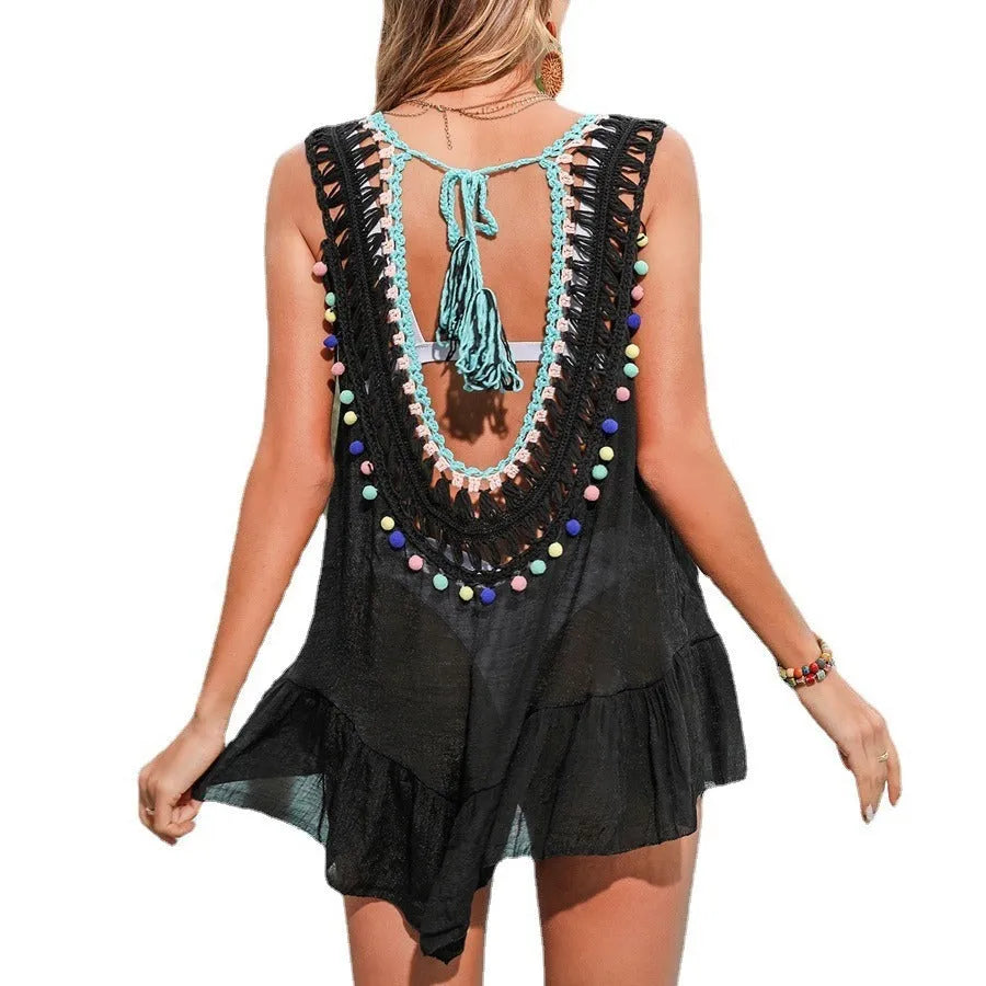Black hand-crocheted women's beach cover-up vest with cut-out ruffled design