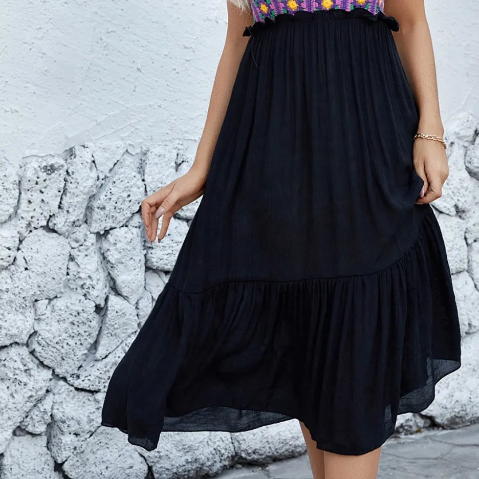 Purple sleeveless dress with detailed hand-hooked flower embroidery on cotton blend fabric.