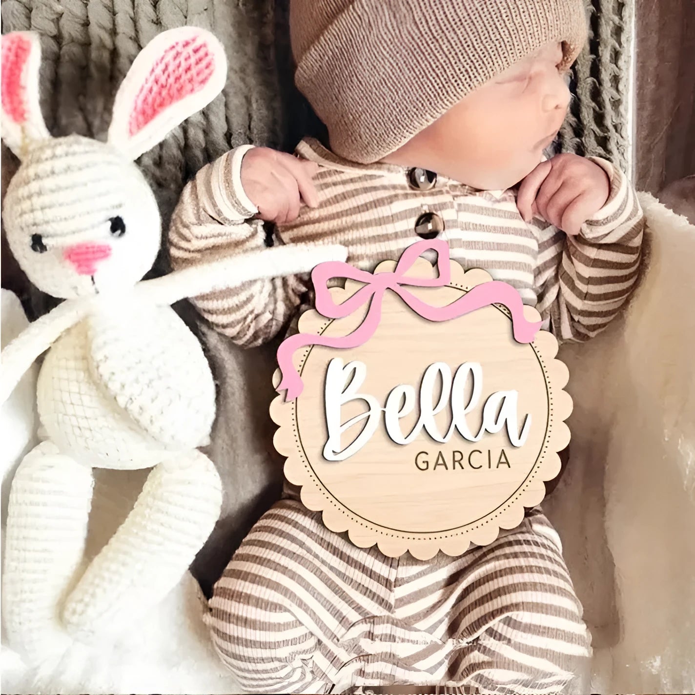 Customisable wooden square ornament for baby room decoration with space for a personalised name.