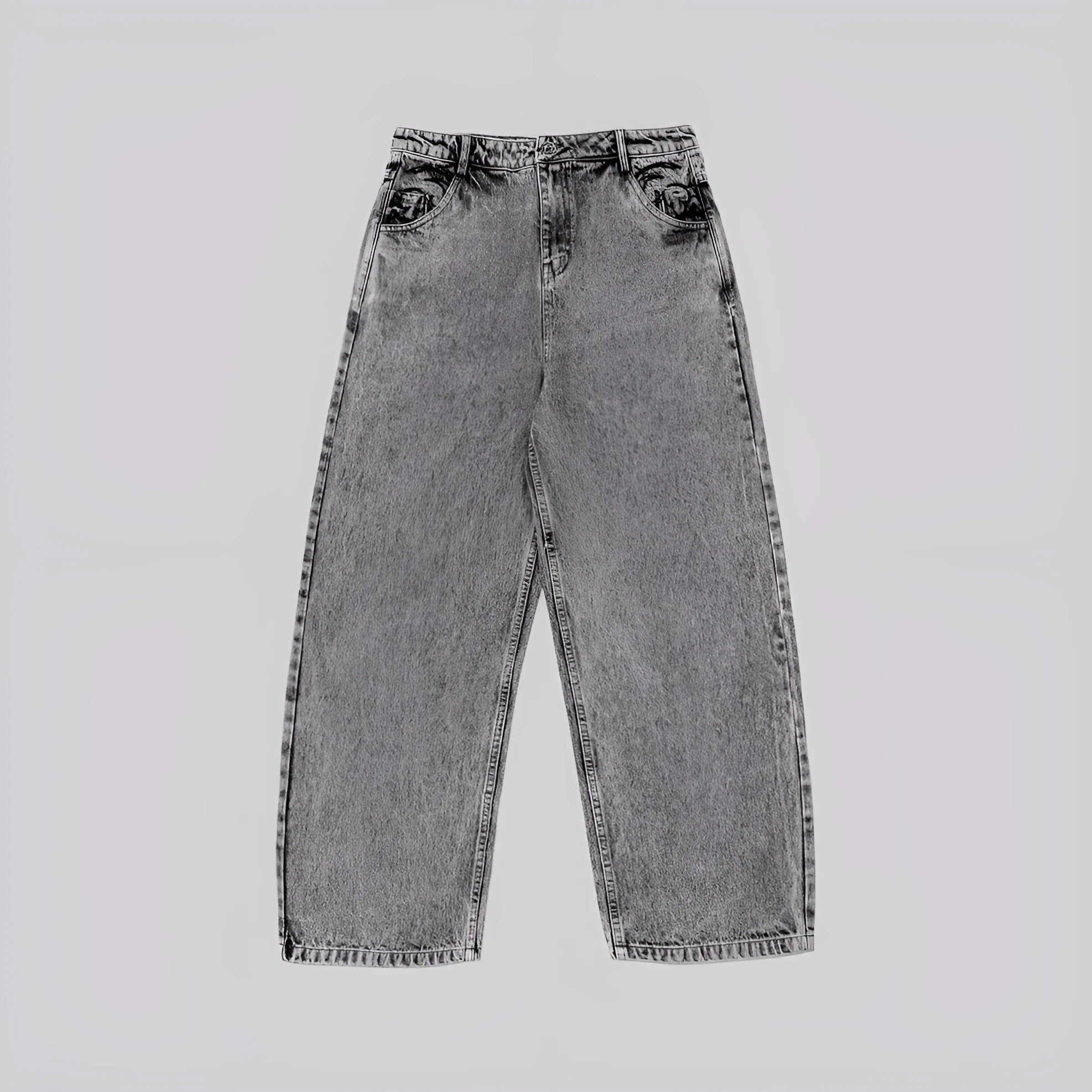 Grey loose straight-leg cotton denim trousers for men and women showing mid-waist design