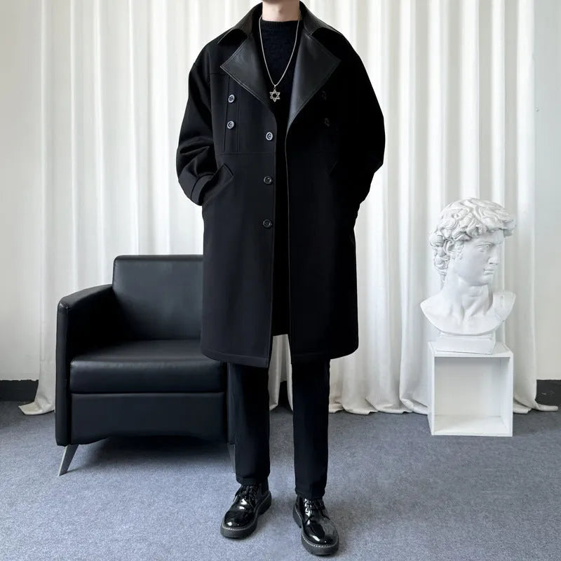Men's solid colour loose fit youth trench coat in black, Korean winter style with patch pockets