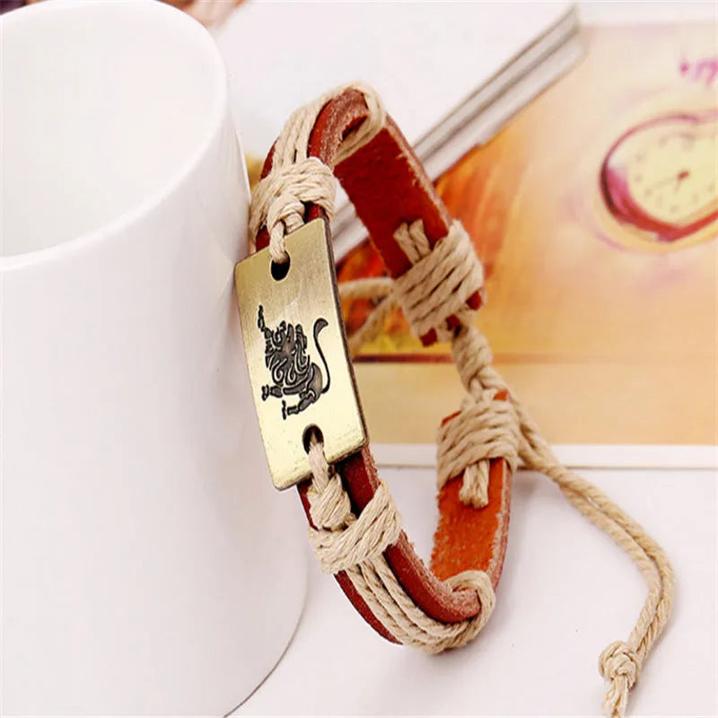 12 constellation alloy bracelet set with braided hemp rope and copper leather in vintage style, twelve colours