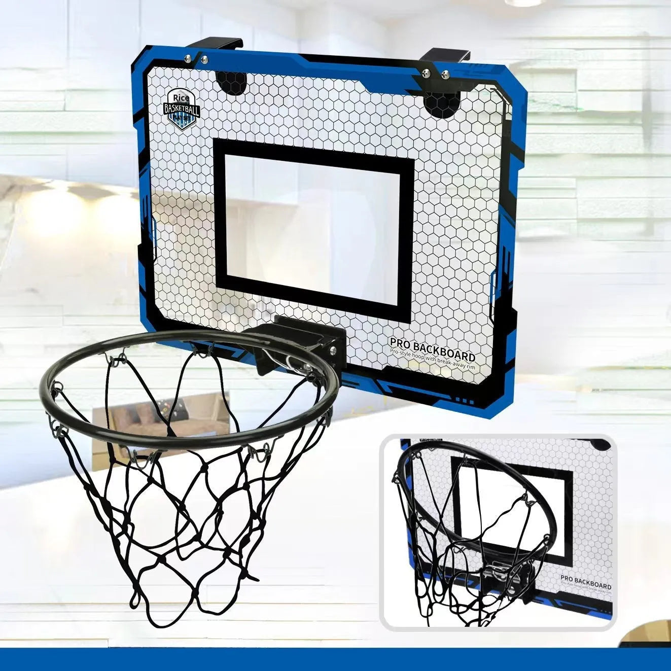 Red and blue folding indoor basketball frame with suction cups mounted on a door, showing dunking action.