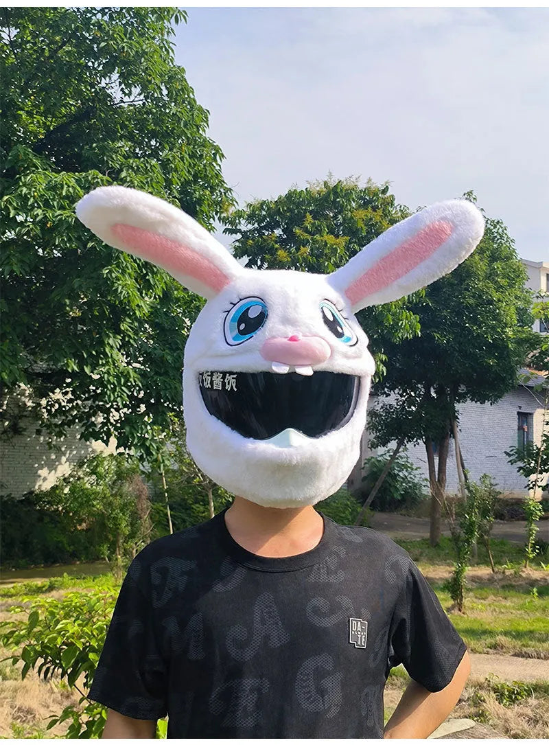 Long Eared Rabbit White plush helmet cover with decorative rabbit head design for electric motorcycles