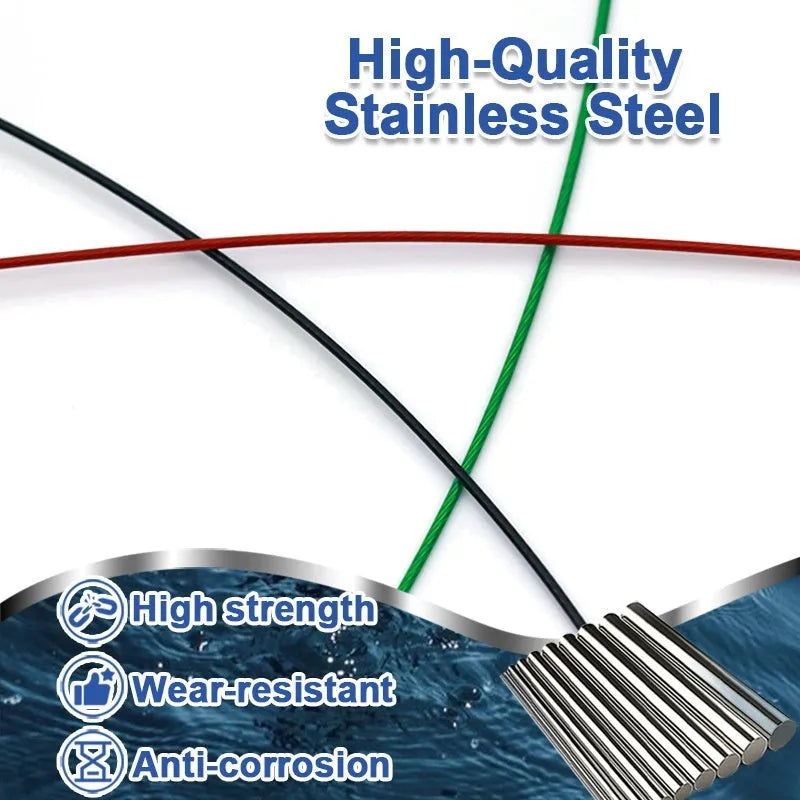 Set of ten 54 cm long green, black, and red fishing steel wire accessories with double buckle pins.
