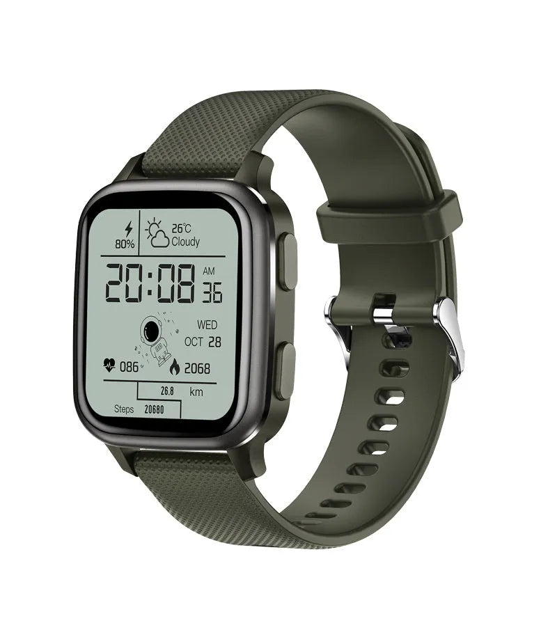 Smart bracelet in black with aluminium alloy case showing heart rate and step tracking display.