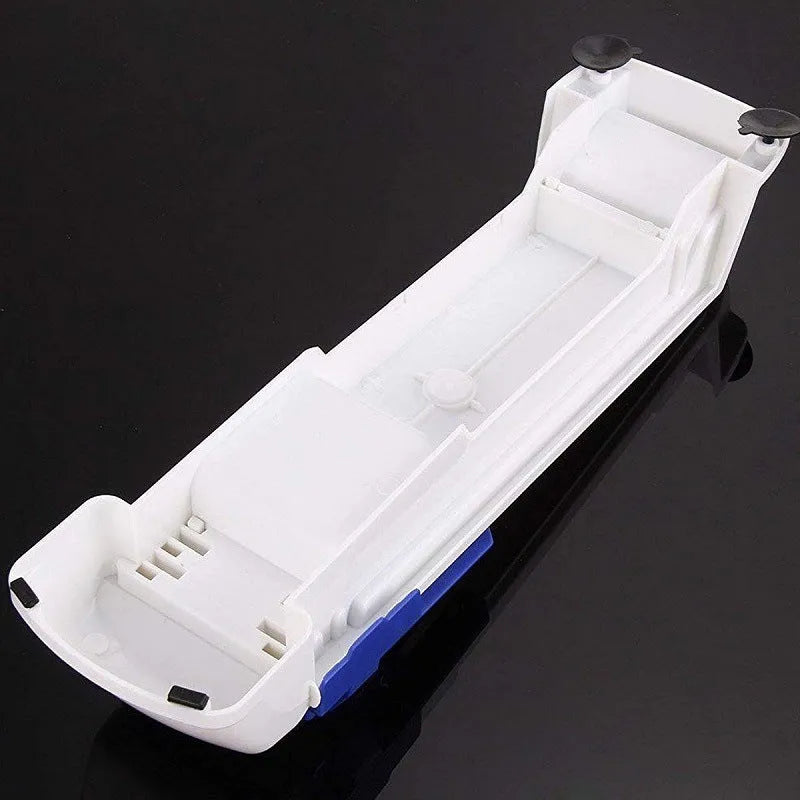 Blue plastic vegetable meat roller from Home Sushi Machine, 36cm by 10cm by 8cm, on a kitchen counter with English packaging