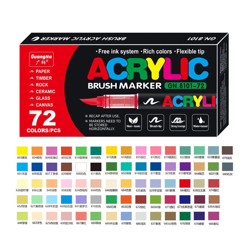 Set of straight liquid acrylic marker pens with soft flexible tips in multiple colour options