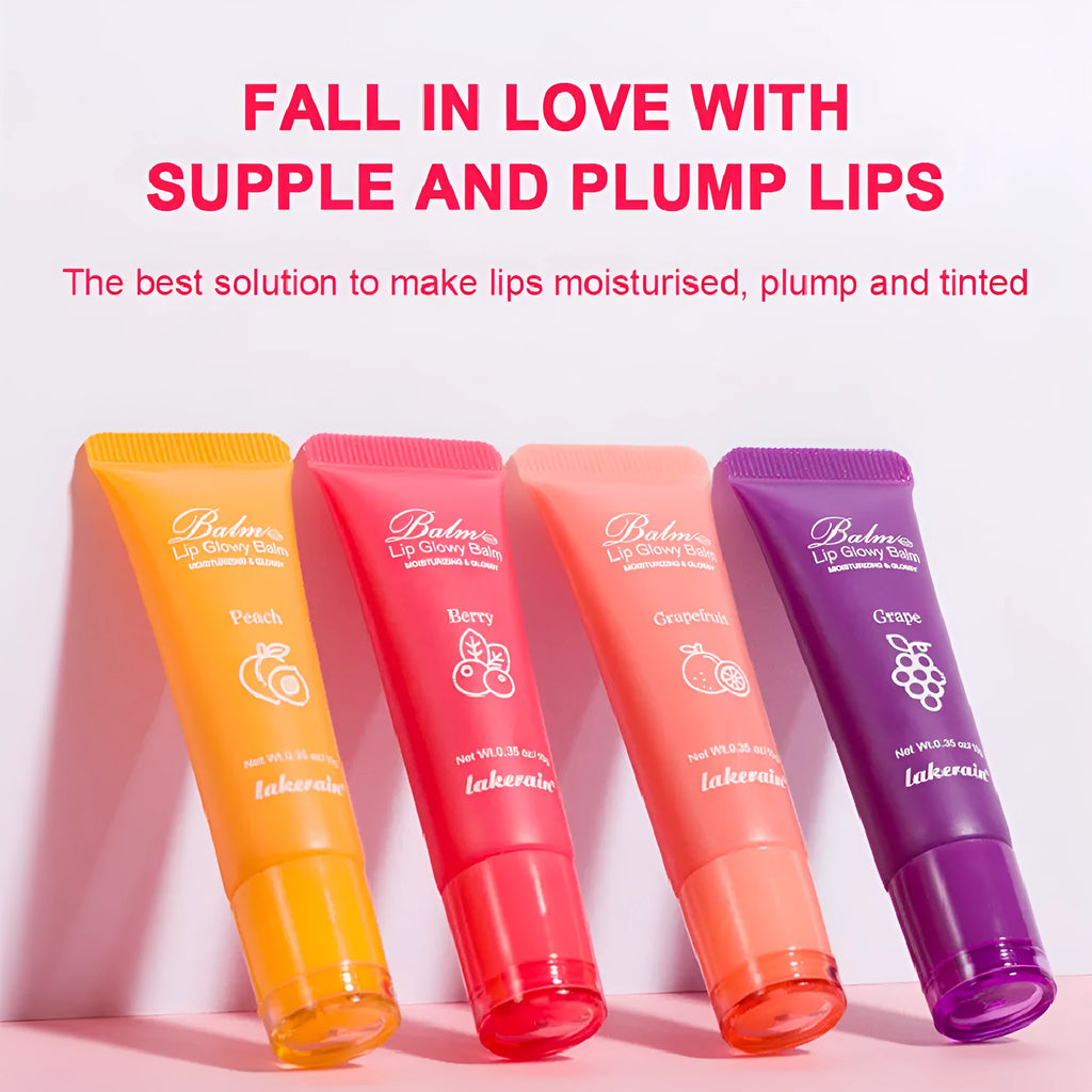 Women's fruit flavour lip gloss in berry, grape, grapefruit, or yellow peach colour.