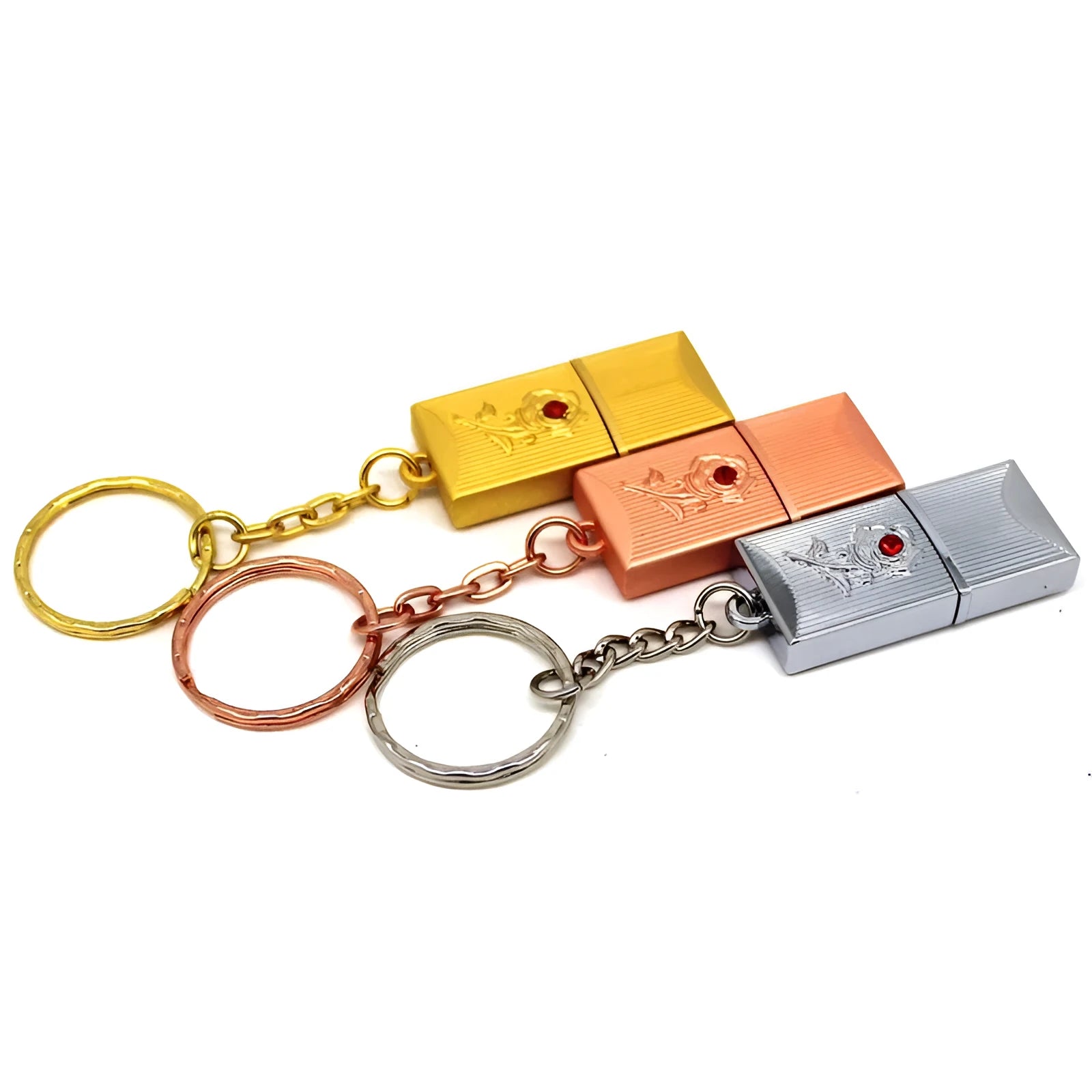 Crystal jewellery USB flash drive in gold finish with metal shell and PVC decorative elements on pearlescent bag