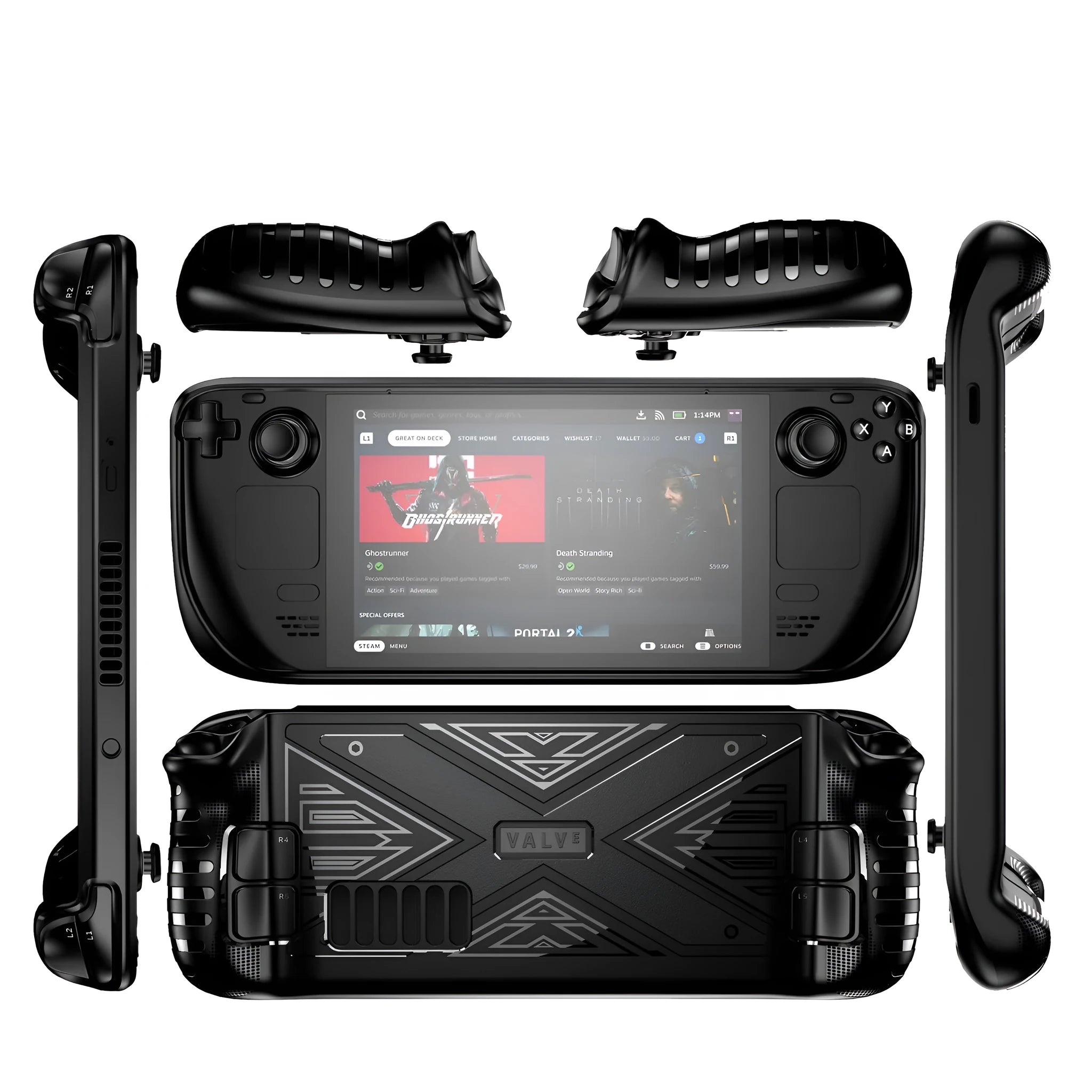 Steam Deck gaming console inside a soft TPU protective case, shown in red colour.