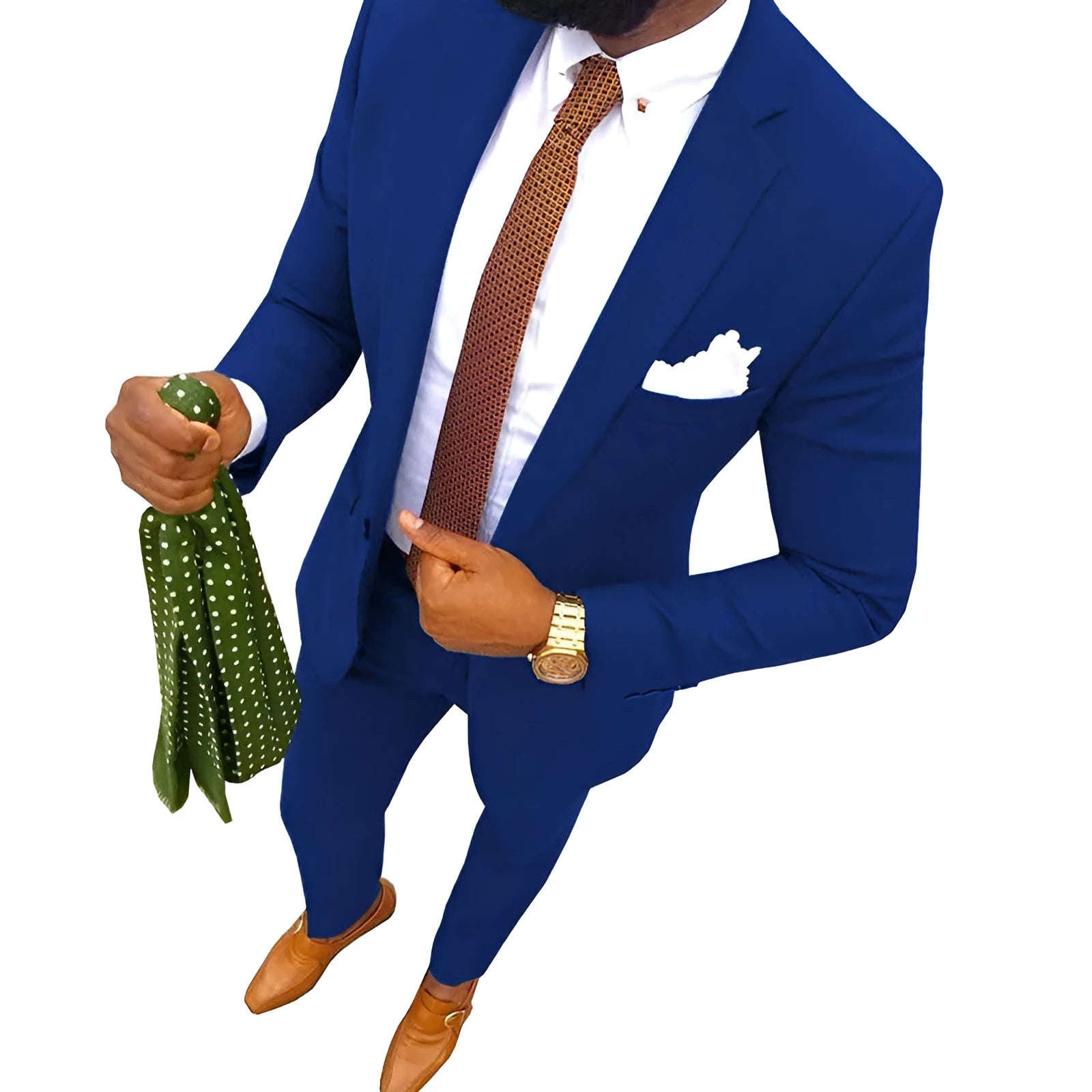 Men's multicolour cotton banquet suit jacket and trousers on a hanger