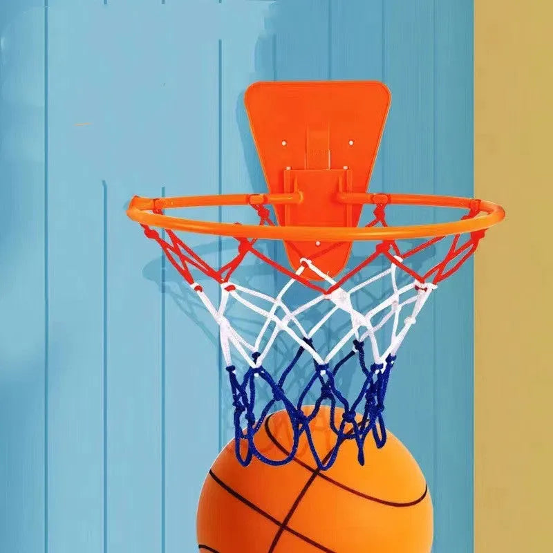 Silent high density foam basketball in assorted bright colours with basketball frame