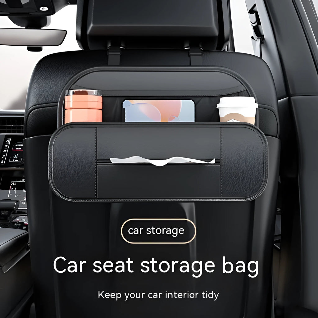 Black leather car seat rear storage bag with adjustable dividers for vehicle organisation