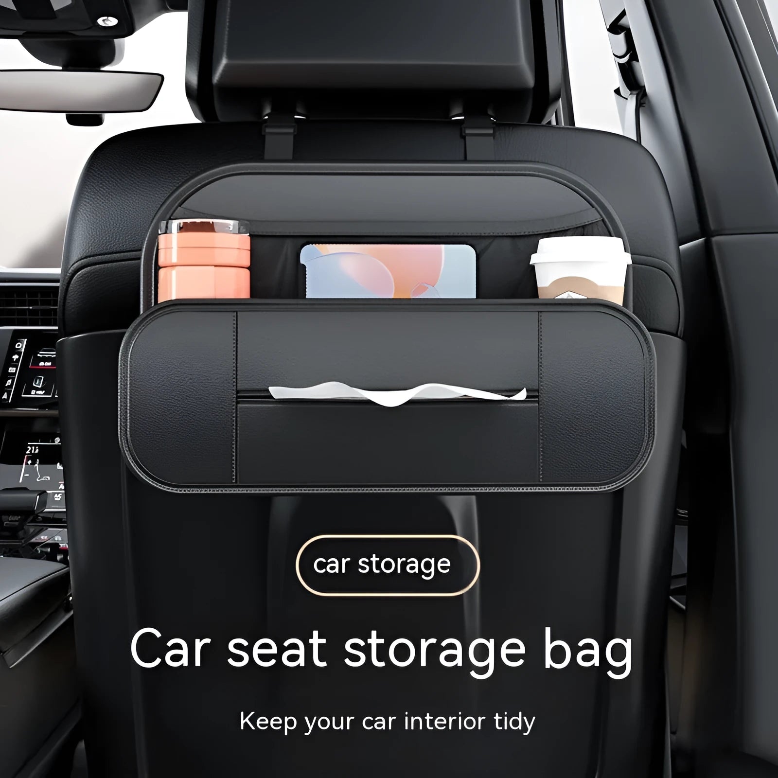 Black leather car seat rear storage bag with adjustable dividers for vehicle organisation