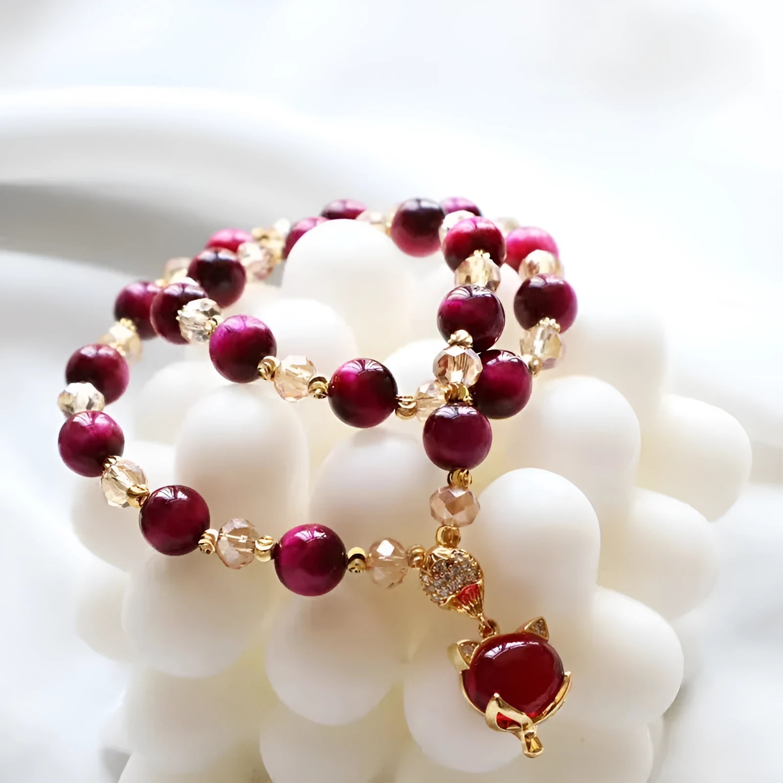 Handmade Vanves stone and tigereye crystal bracelet with double chain in rose red fox style