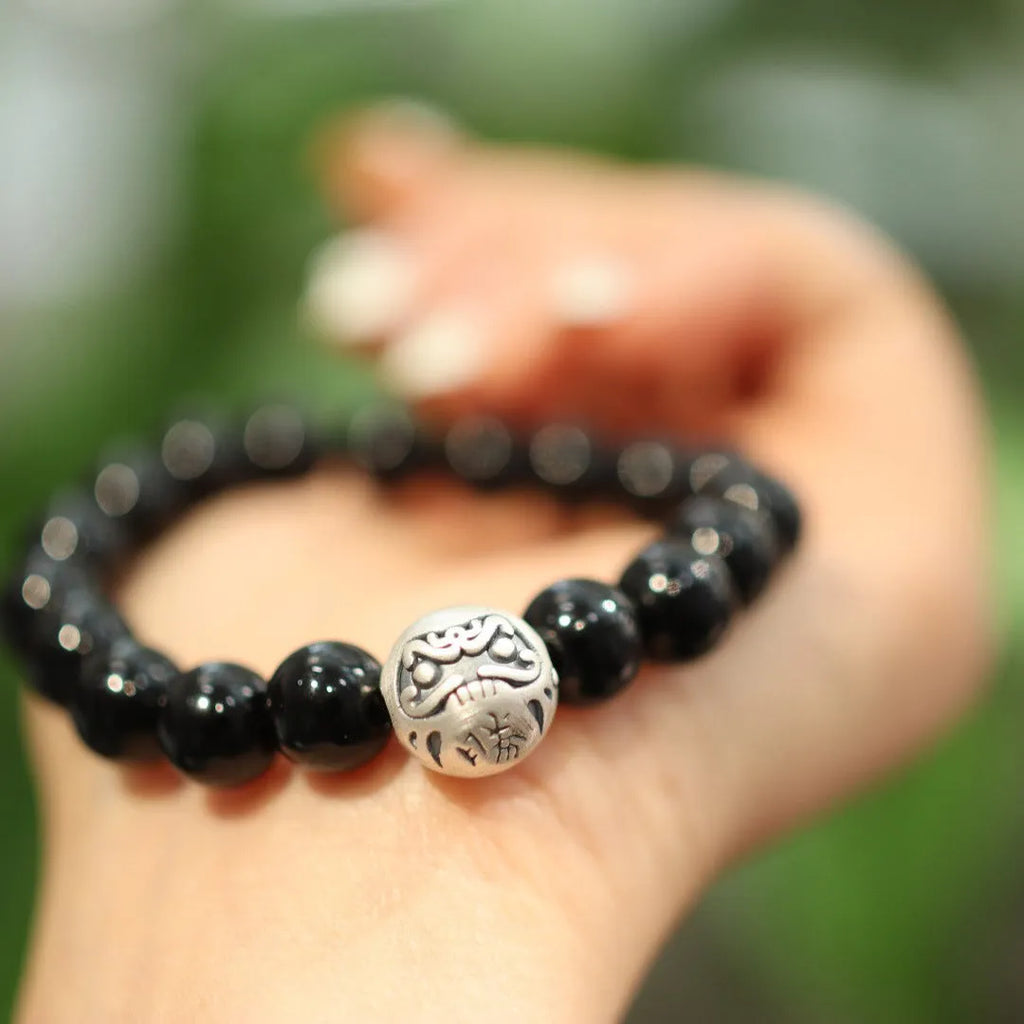 Black agate bracelet with 10mm beads on sterling silver in Chinese style