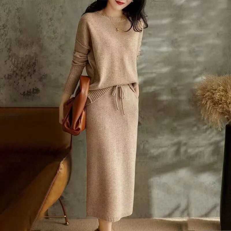 Women's knitted two-piece set with long-sleeve top and mid-length skirt in contrast colour tie-dye pattern, coffee and khaki options