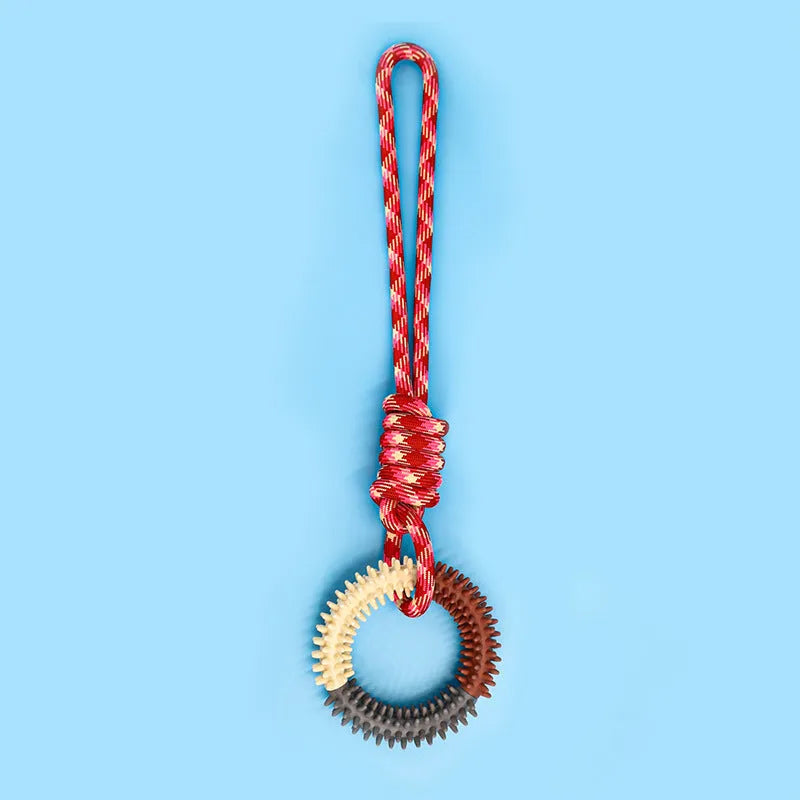 Blue braided rope dog chew toy with knotted ends on a wooden floor