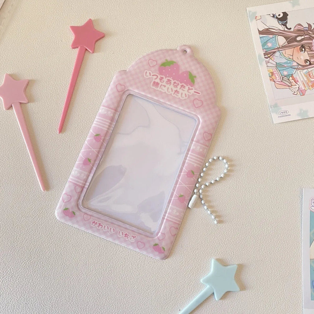 Cartoon Strawberry style PVC meal card holder pendant with clear card sleeve
