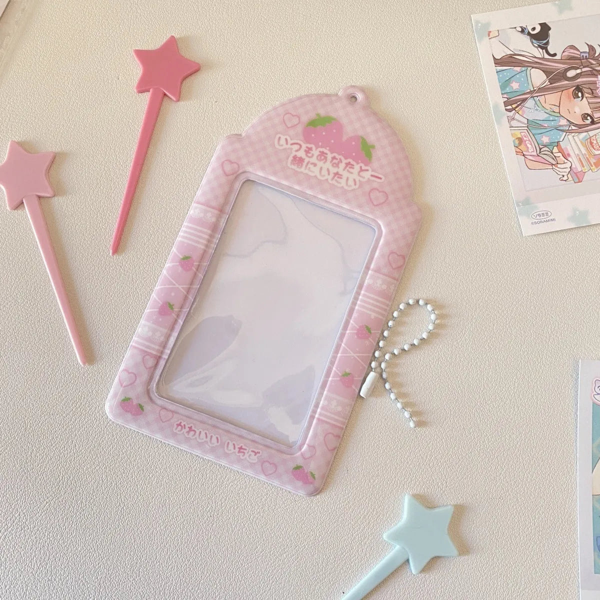 Cartoon Strawberry style PVC meal card holder pendant with clear card sleeve