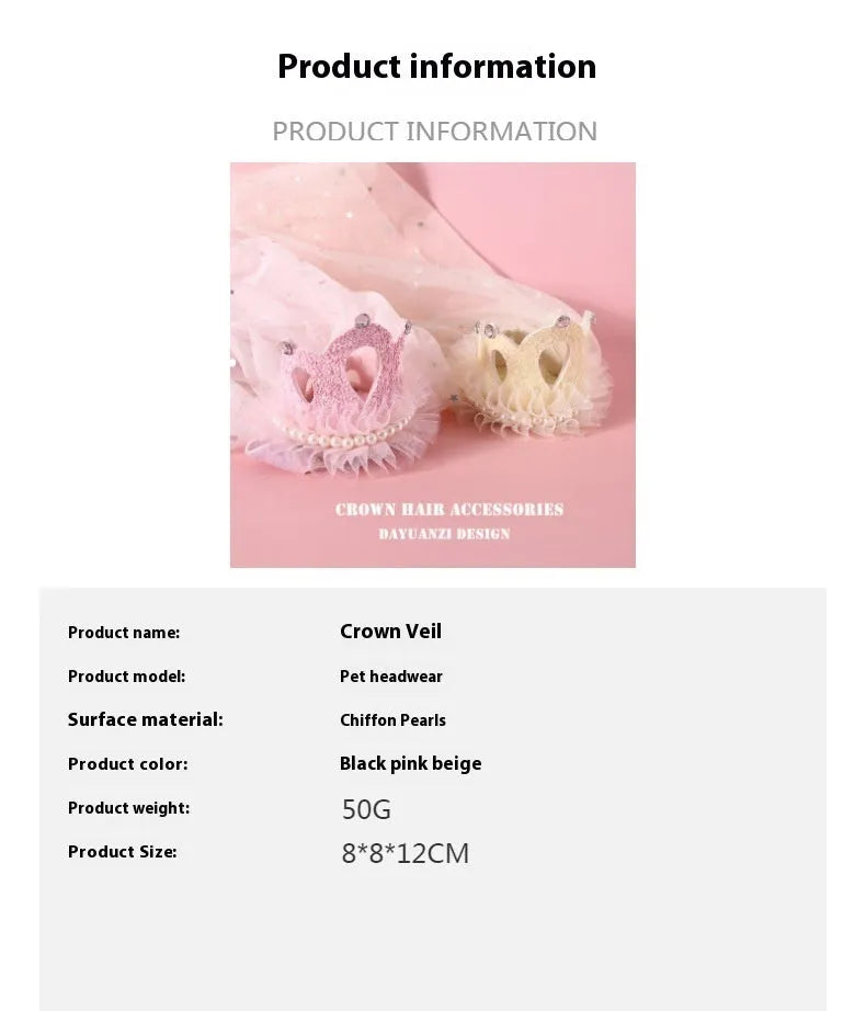 Pet cat wearing princess crown headdress with veil in beige or pink colour option