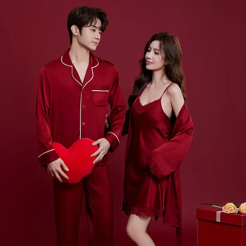 Red ice silk sleepwear set for men and women with long sleeves and trousers
