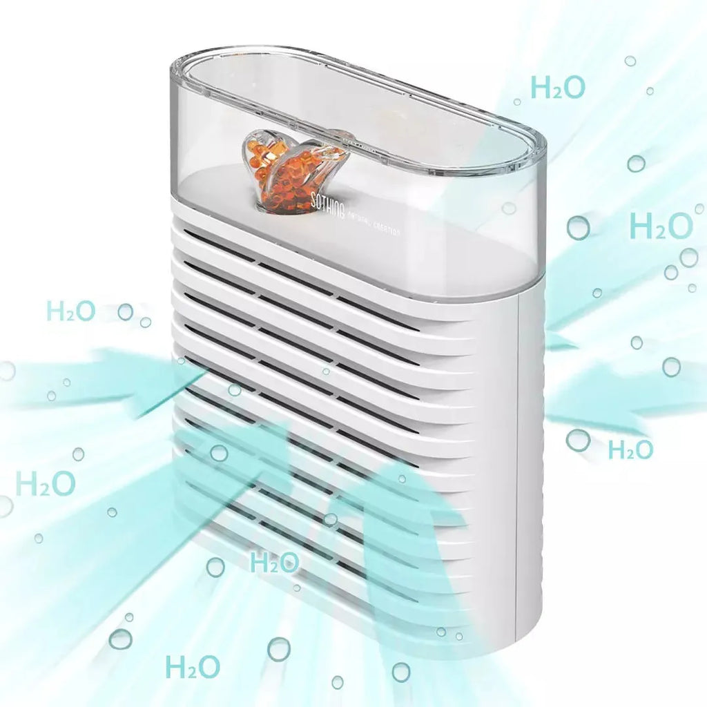 White recyclable cabinet dehumidifier with transparent cover showing colour-changing beads