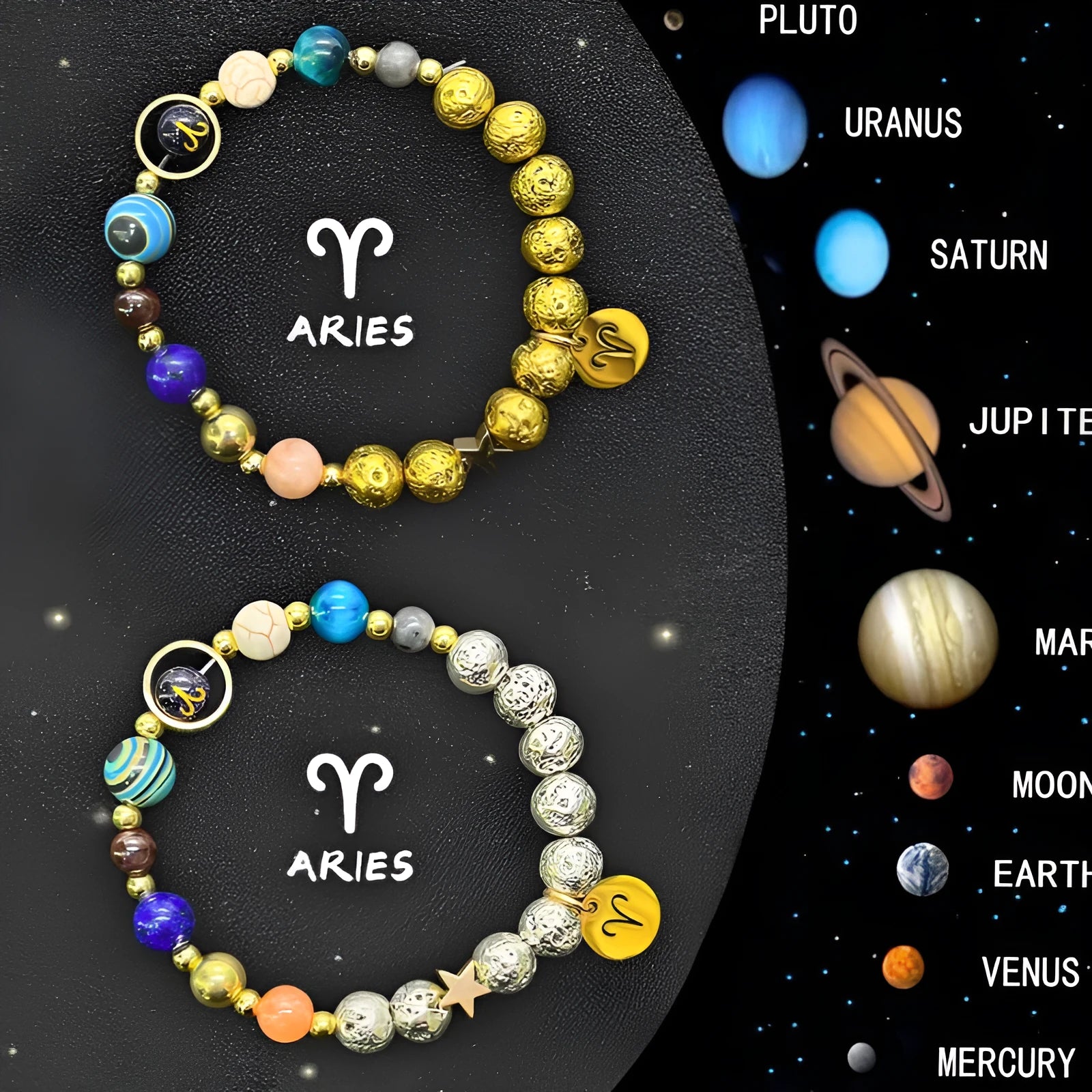 Two natural stone beaded bracelets showing different zodiac sign designs from a twelve-sign set.